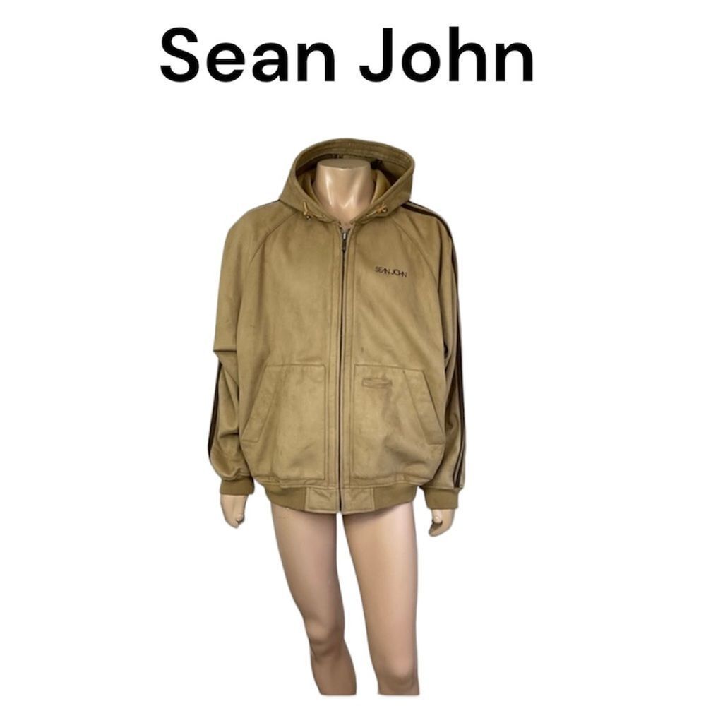 Sean John G-III Tan Faux Suede 90s Y2K Full-Zip Hood Bomber Jacket Size X-Large